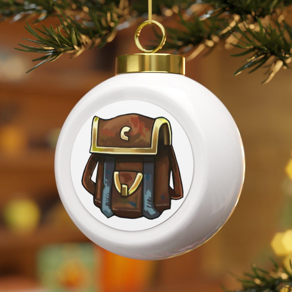 A beautiful 3-inch Brown Bag Christmas Ball Ornament with a glossy finish, featuring a gold ribbon for hanging and a vintage design.