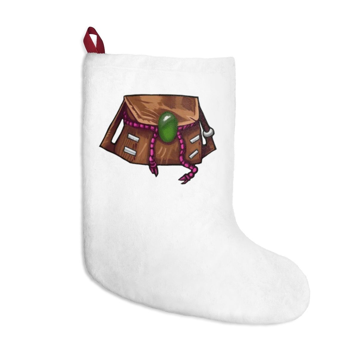 A set of warm and festive Brown Bag Christmas Stockings hanging by a fireplace, showcasing custom prints and a twill ribbon loop.