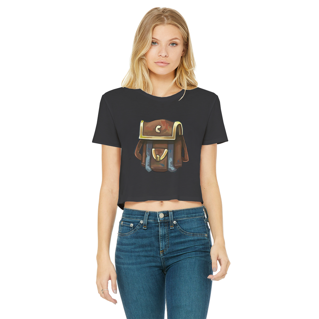 Brown Bag Classic Women's Cropped Raw Edge T-Shirt in various colors, showcasing its round neck and raw edge hem.