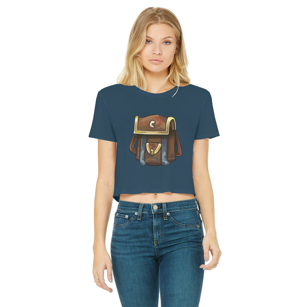 Brown Bag Classic Women's Cropped Raw Edge T-Shirt in various colors, showcasing its round neck and raw edge hem.