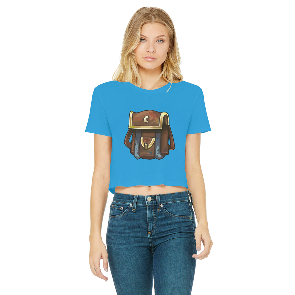 Brown Bag Classic Women's Cropped Raw Edge T-Shirt in various colors, showcasing its round neck and raw edge hem.