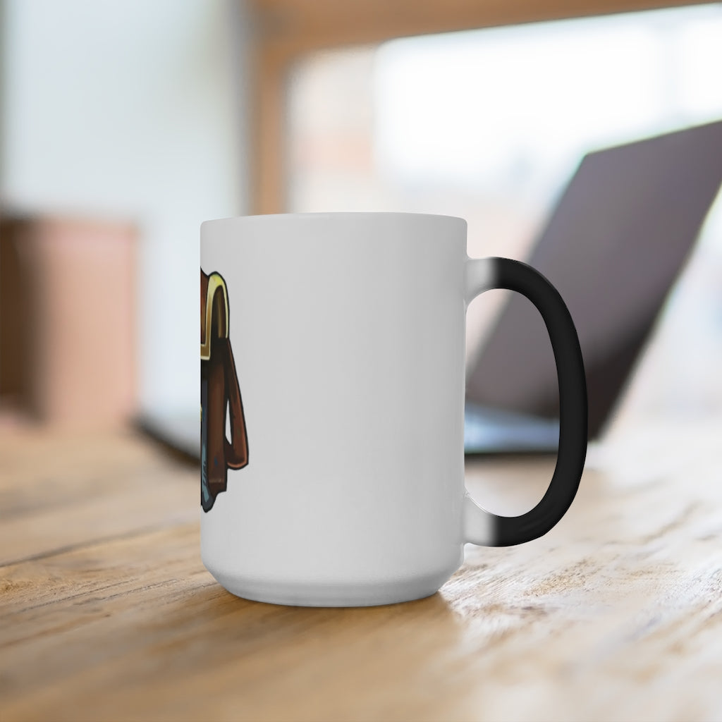 A brown bag color changing mug showcasing its unique design and color transformation when filled with hot liquid.