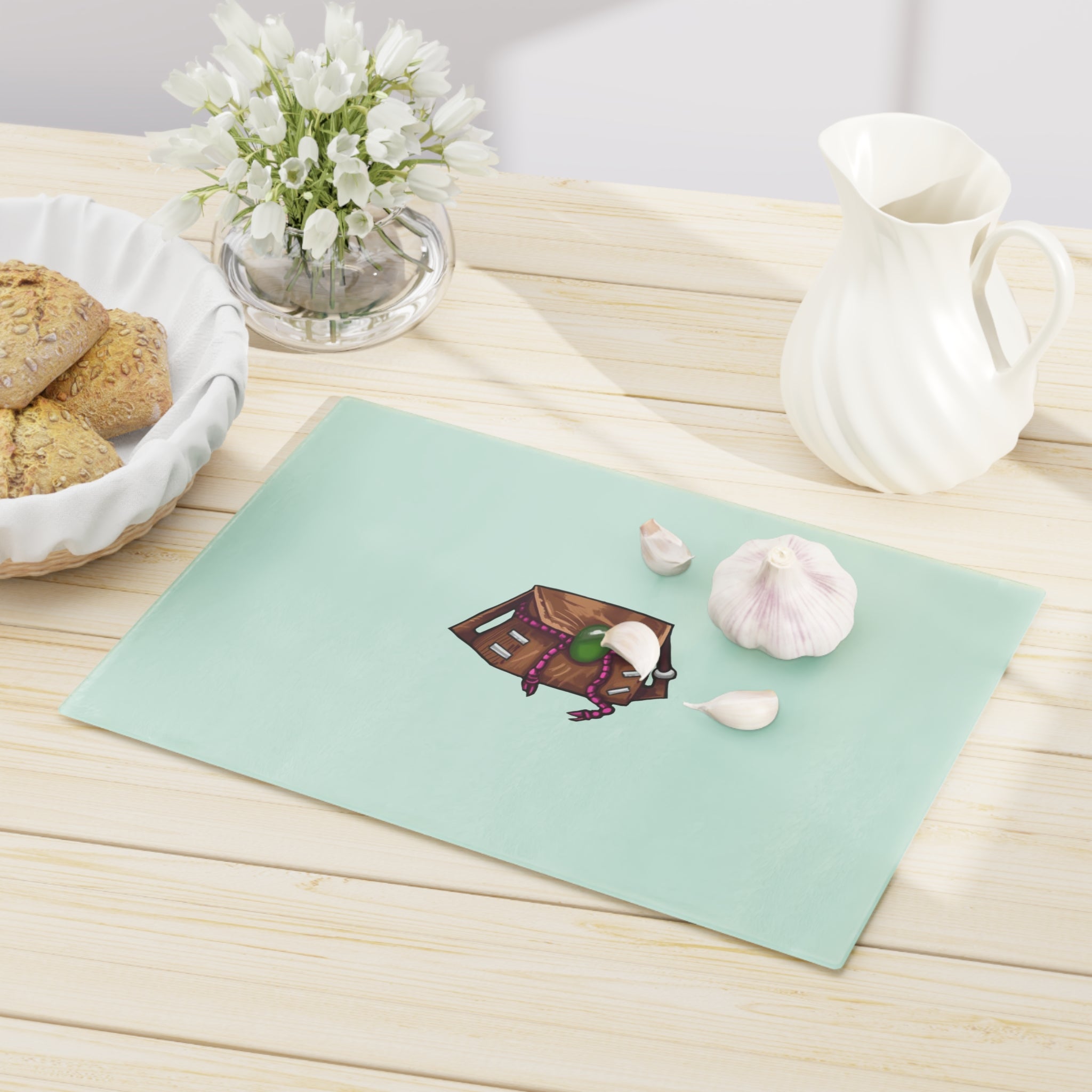 Brown Bag Cutting Board made of tempered glass with rubber dots for stability, showcasing a personalized design.