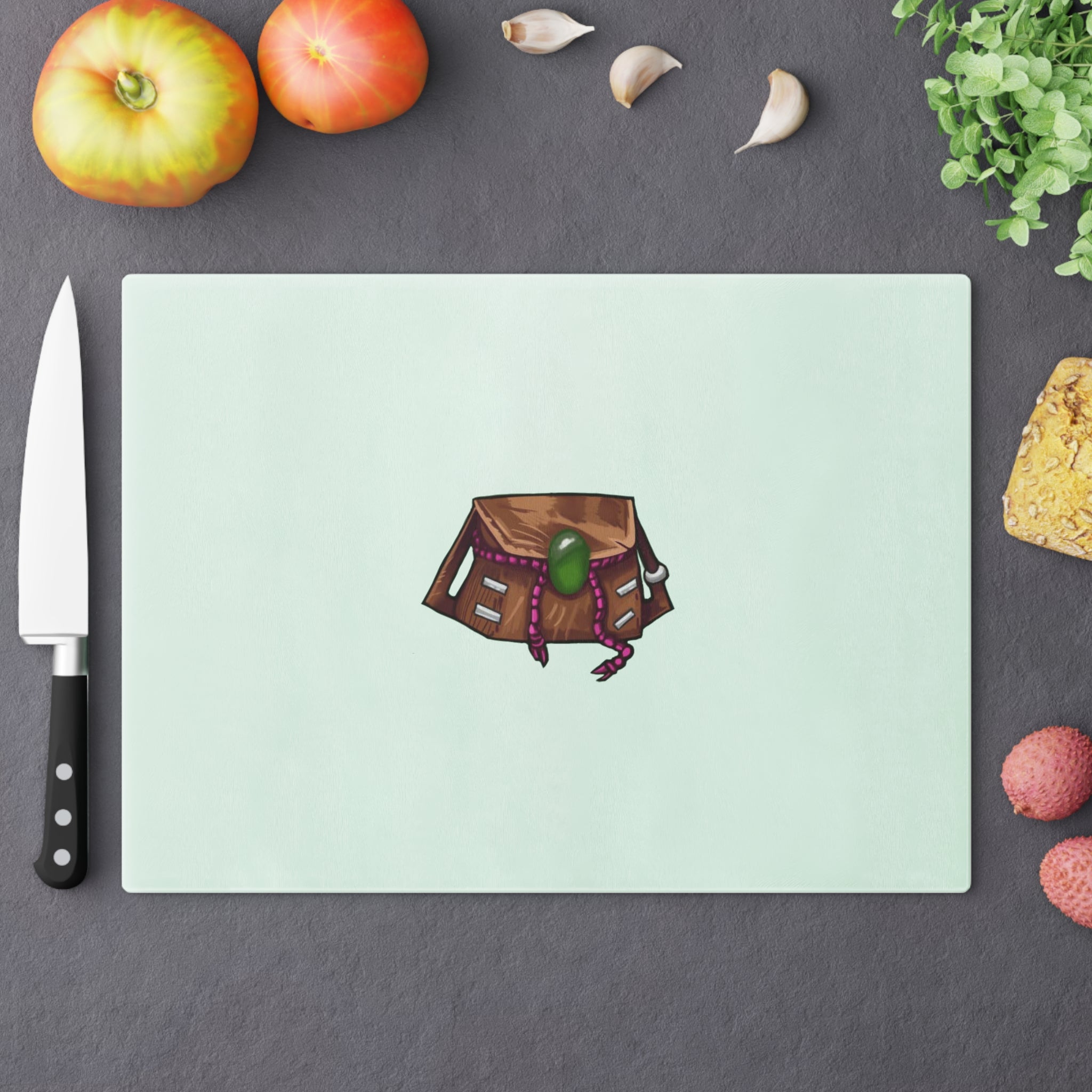 Brown Bag Cutting Board made of tempered glass with rubber dots for stability, showcasing a personalized design.