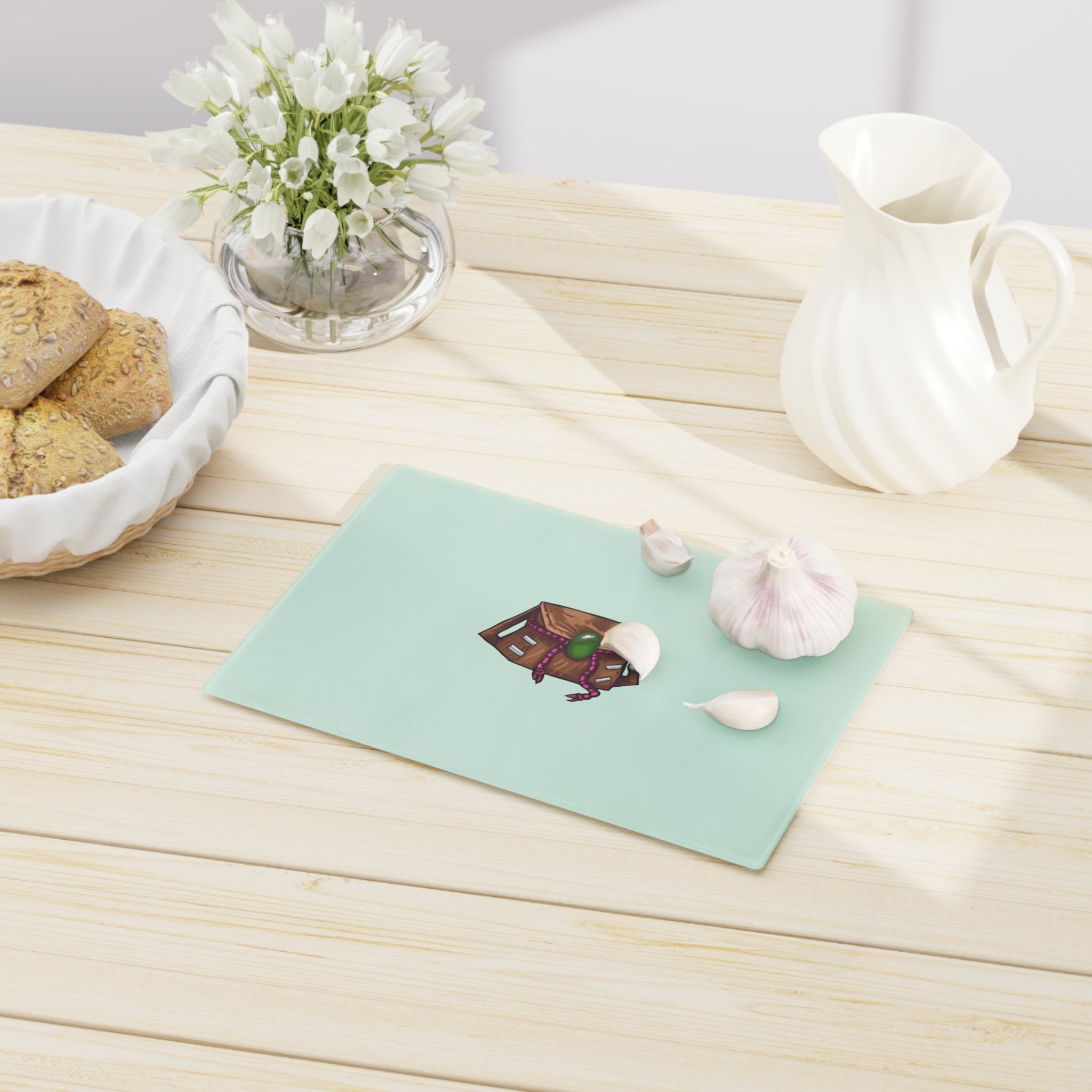 Brown Bag Cutting Board made of tempered glass with rubber dots for stability, showcasing a personalized design.