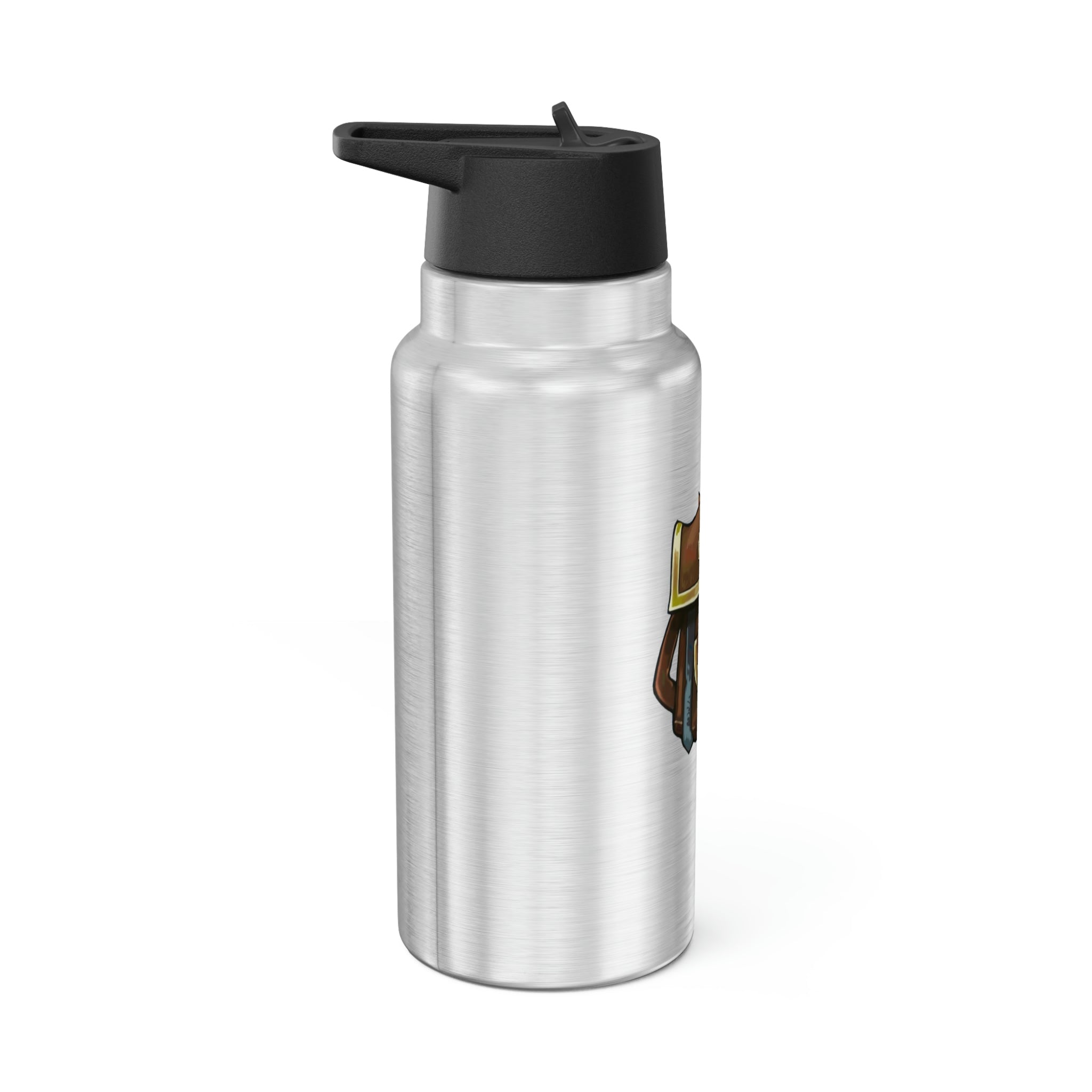 Brown Bag Gator Tumbler in stainless steel with a black plastic cap and straw, showcasing a customizable design.