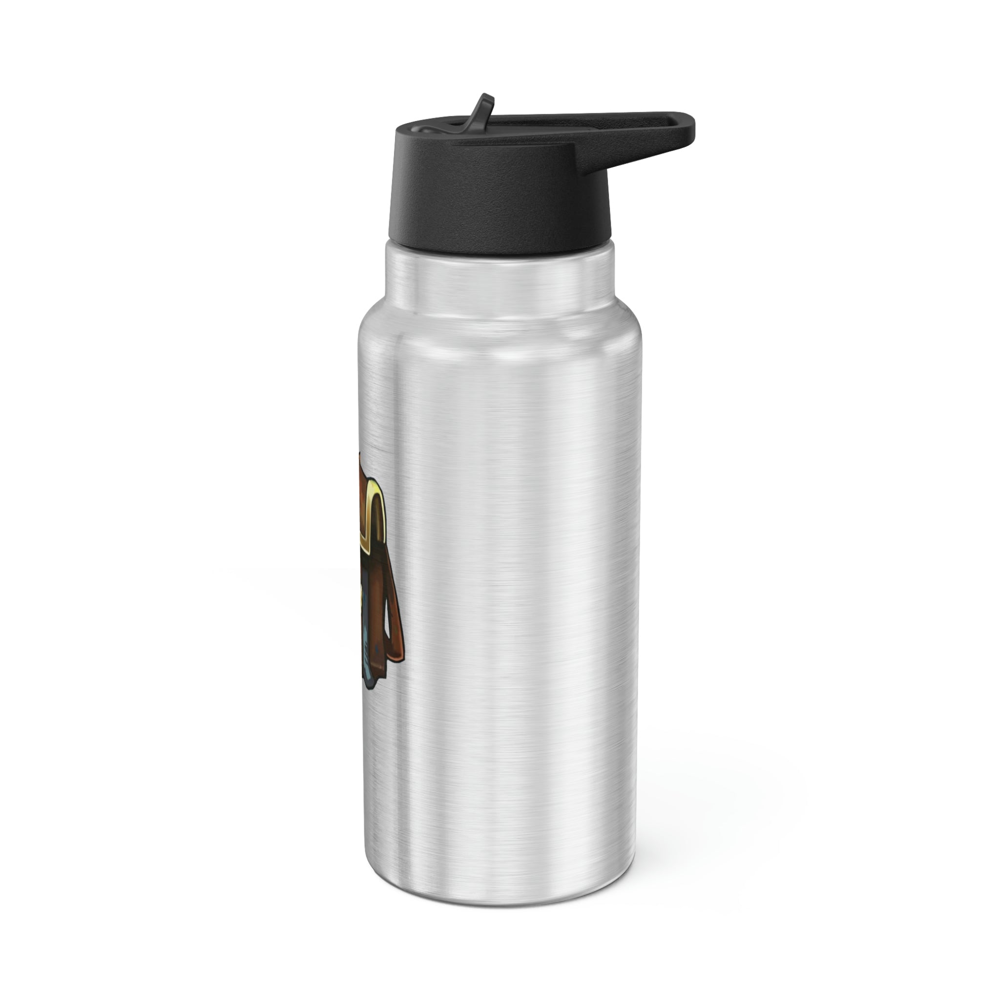 Brown Bag Gator Tumbler in stainless steel with a black plastic cap and straw, showcasing a customizable design.