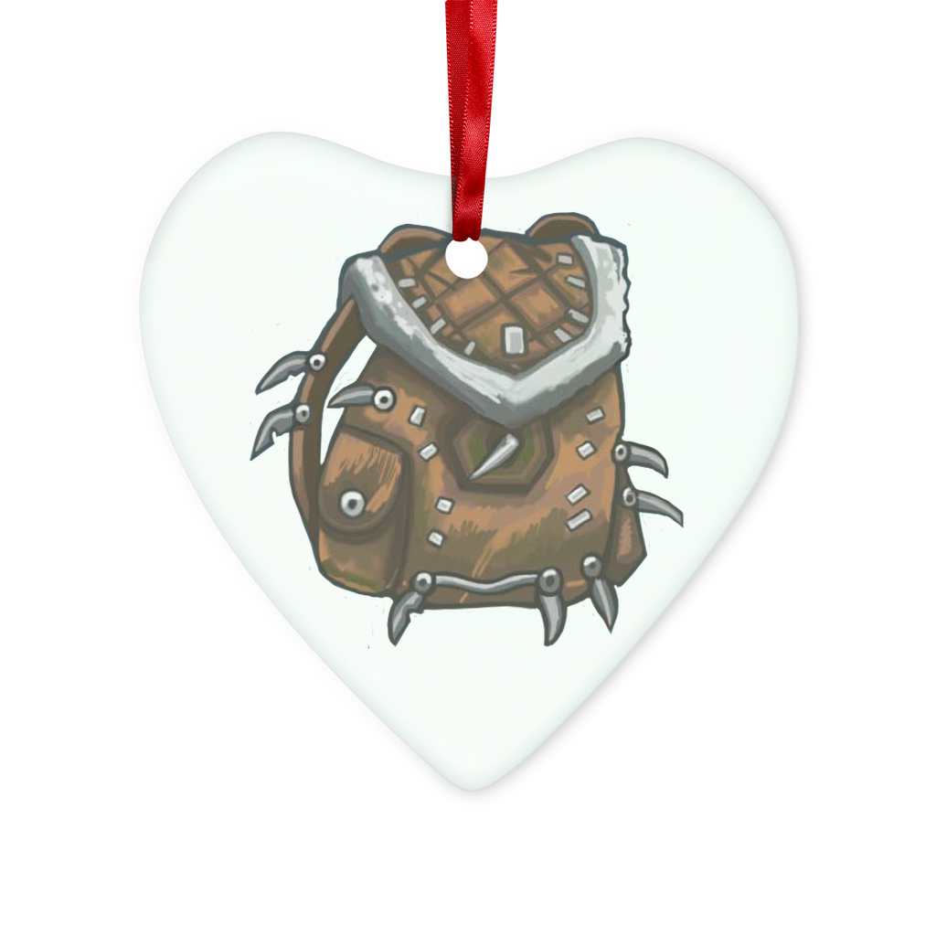 Brown Bag Glass Hanging Ornament in round and heart shapes, featuring a red ribbon and gold string for hanging.