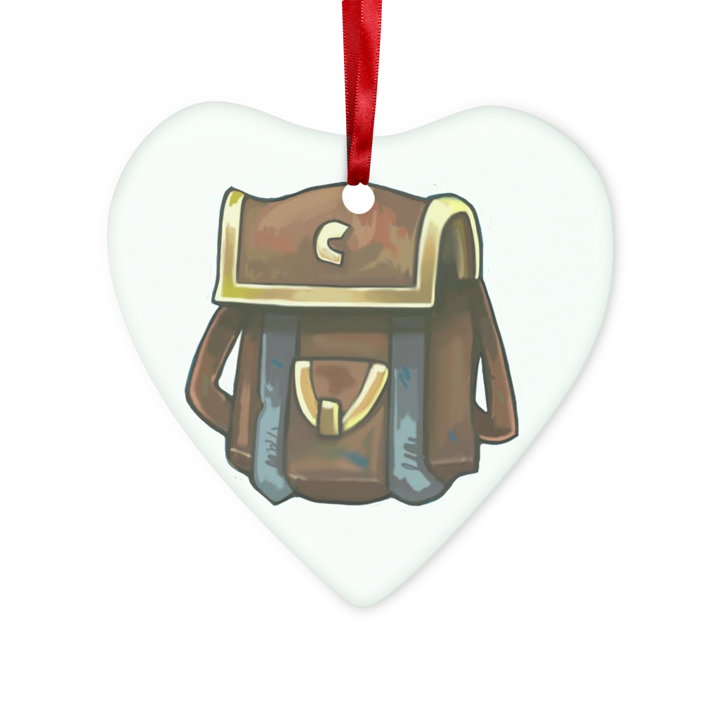 Brown Bag Glass Hanging Ornament with red ribbon and gold string, available in round and heart shapes, elegantly packaged in a white box.