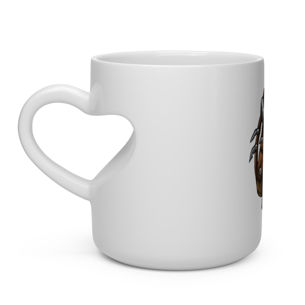 A white ceramic heart-shaped mug with a unique heart-shaped handle, perfect for hot beverages.