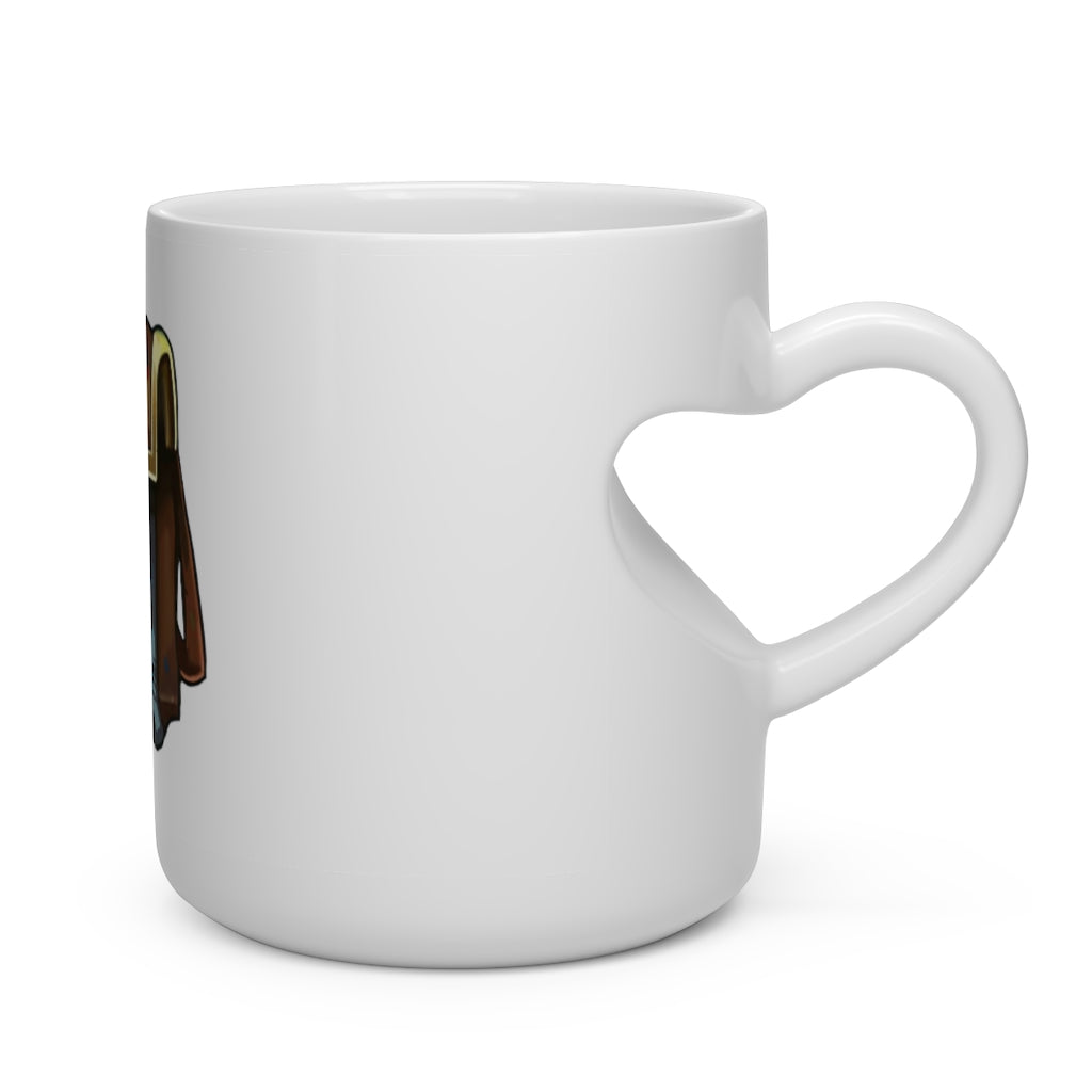 A white ceramic heart-shaped mug with a heart-shaped handle, perfect for hot beverages.