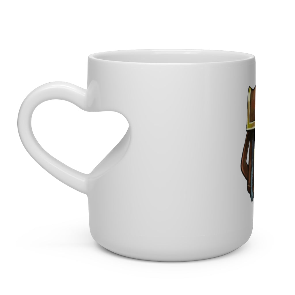 A white ceramic heart-shaped mug with a heart-shaped handle, perfect for hot beverages.