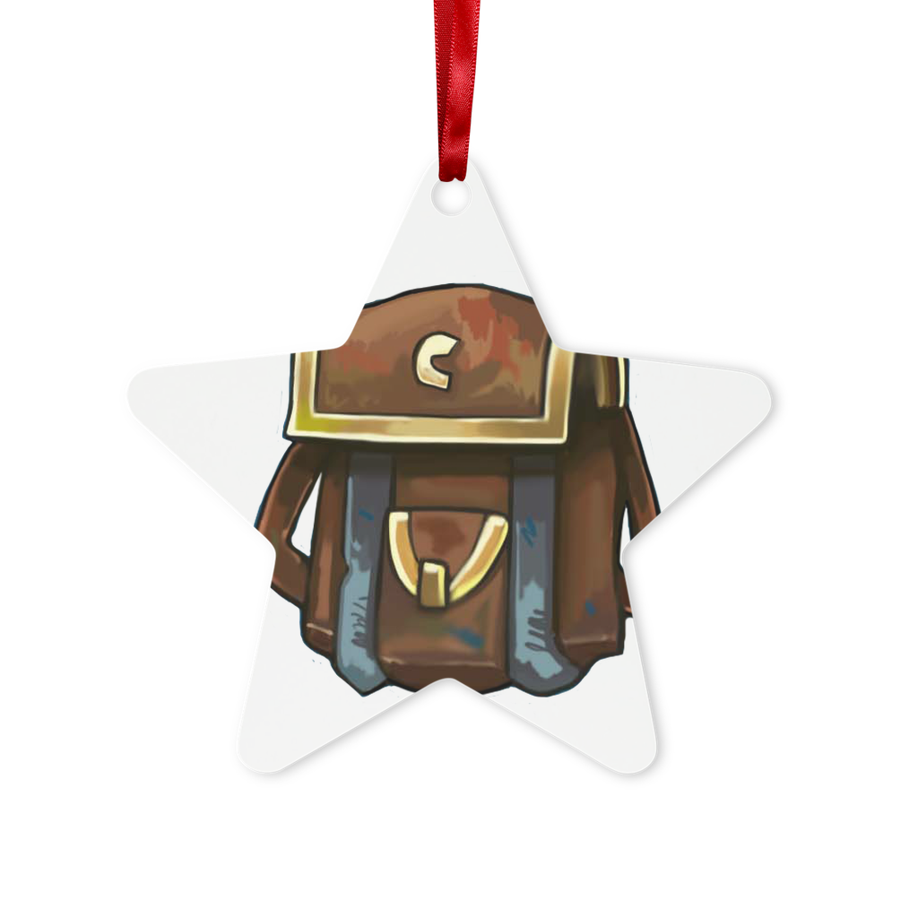 Brown Bag Metal Hanging Ornament in hexagon and star shapes, featuring a gloss white finish, red ribbon, and gold string, beautifully packaged.