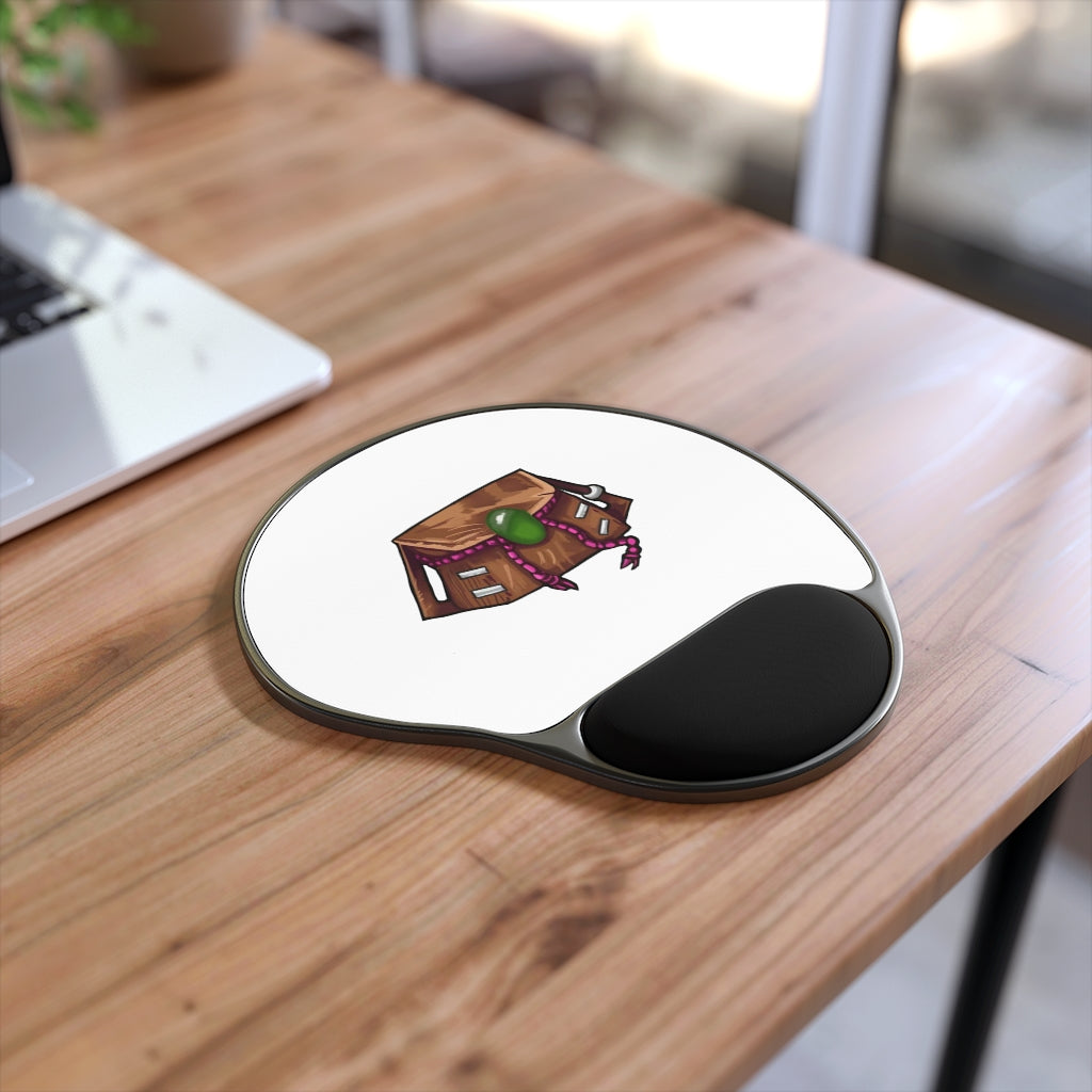 Brown Bag Mouse Pad with Memory Foam wrist rest, featuring a foot-shaped base and customizable neoprene insert.