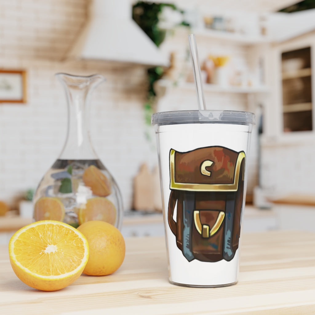 Brown Bag Plastic Tumbler with Straw, featuring a customizable design and double wall insulation for drinks.