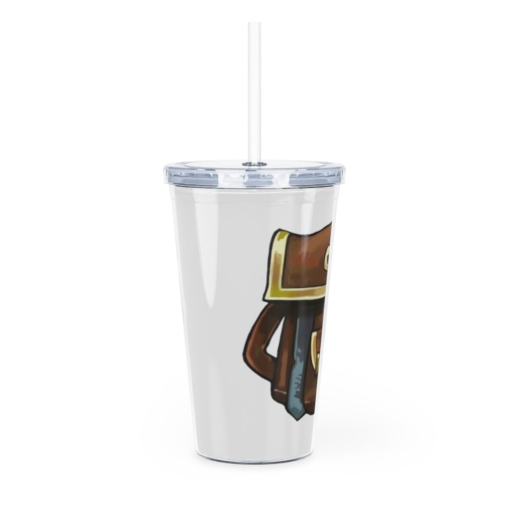 Brown Bag Plastic Tumbler with Straw, featuring a customizable design and double wall insulation for drinks.