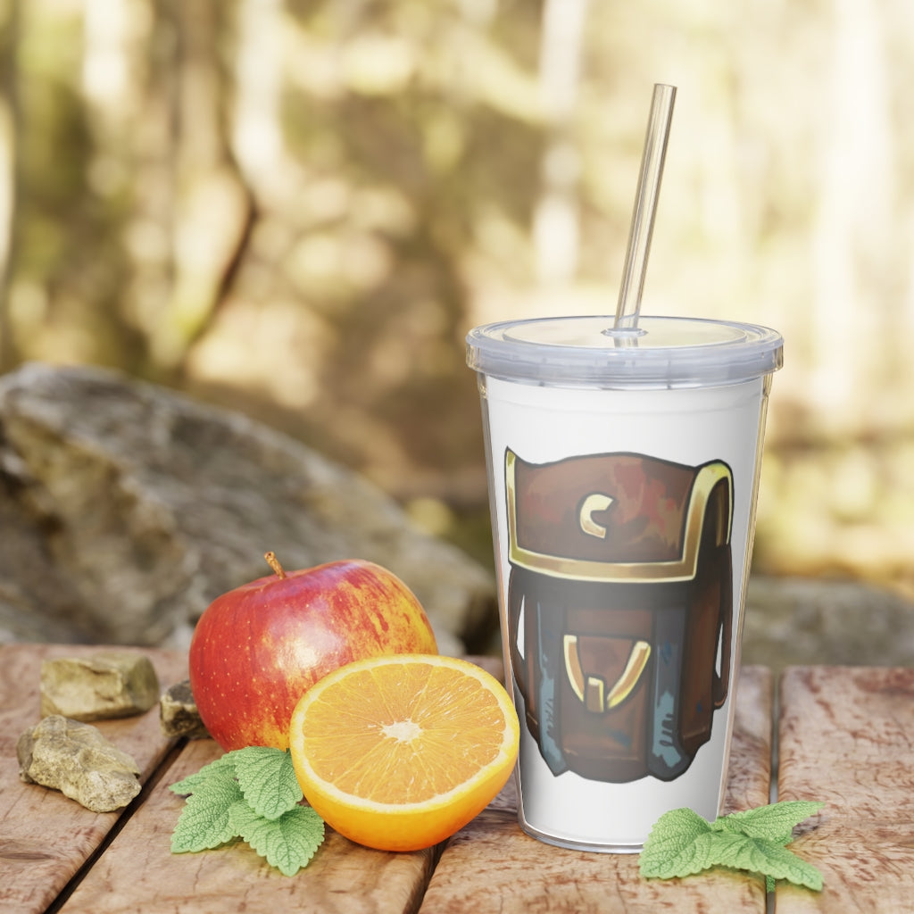 Brown Bag Plastic Tumbler with Straw, featuring a customizable design and double wall insulation for drinks.