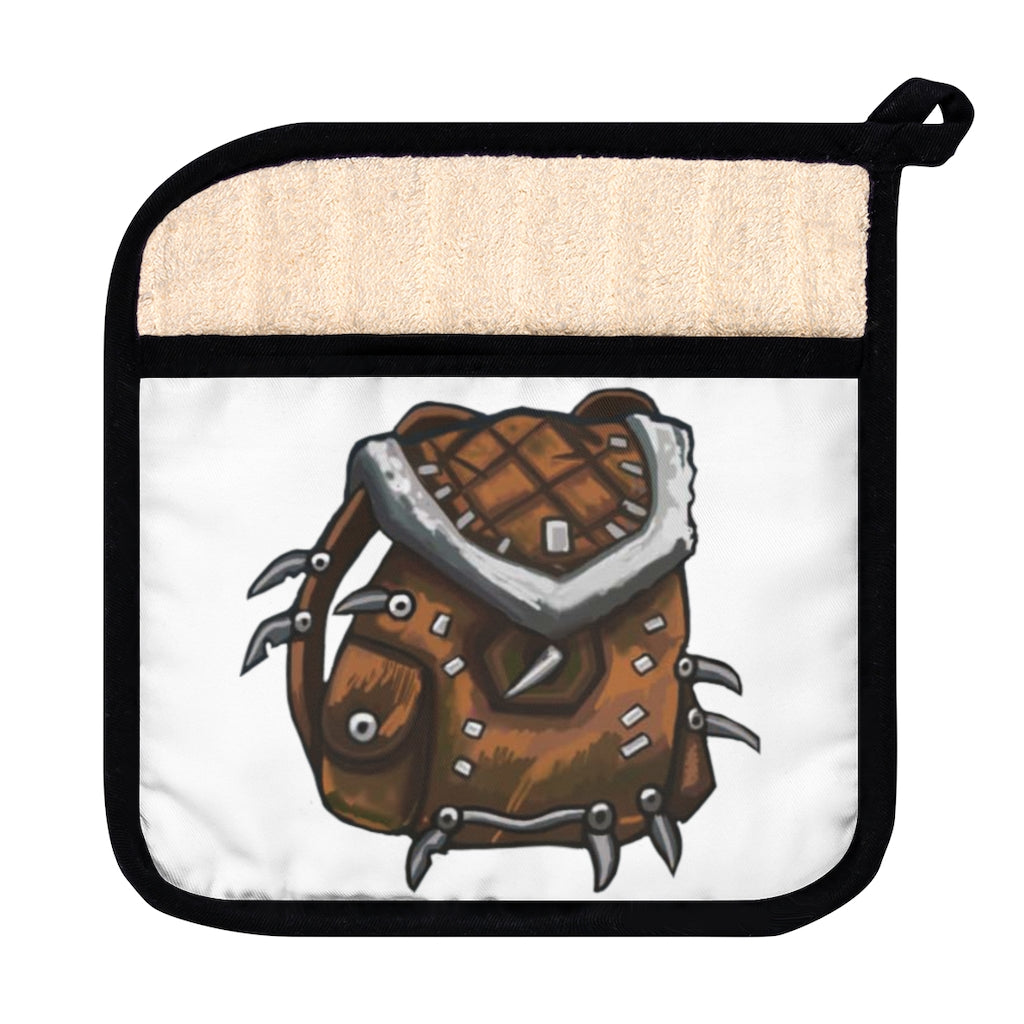 Brown Bag Pot Holder with Pocket, 9x9 inches, featuring a black cotton hanging loop and heat resistant material.