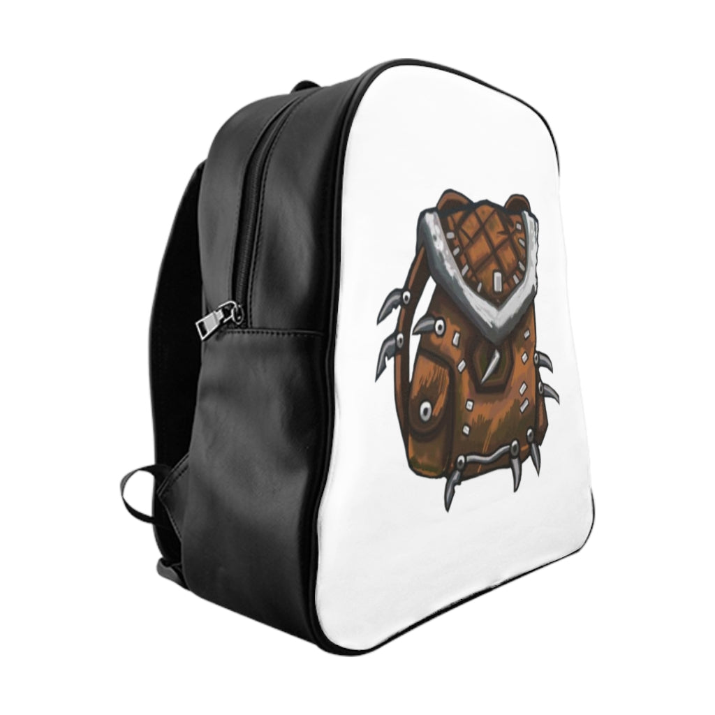 Brown Bag School Backpack made of PU leather with chocolate brown lining, featuring padded back and multiple inside pockets.