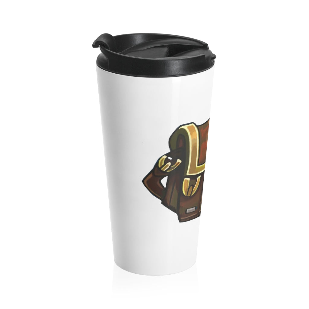 Brown Bag Stainless Steel Travel Mug with black plastic lid, showcasing its sleek design and high-quality sublimation printing.