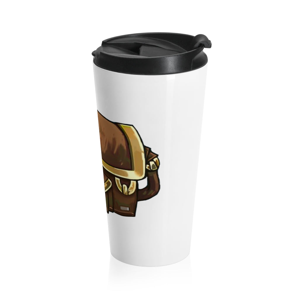 Brown Bag Stainless Steel Travel Mug with black plastic lid, showcasing its sleek design and high-quality sublimation printing.