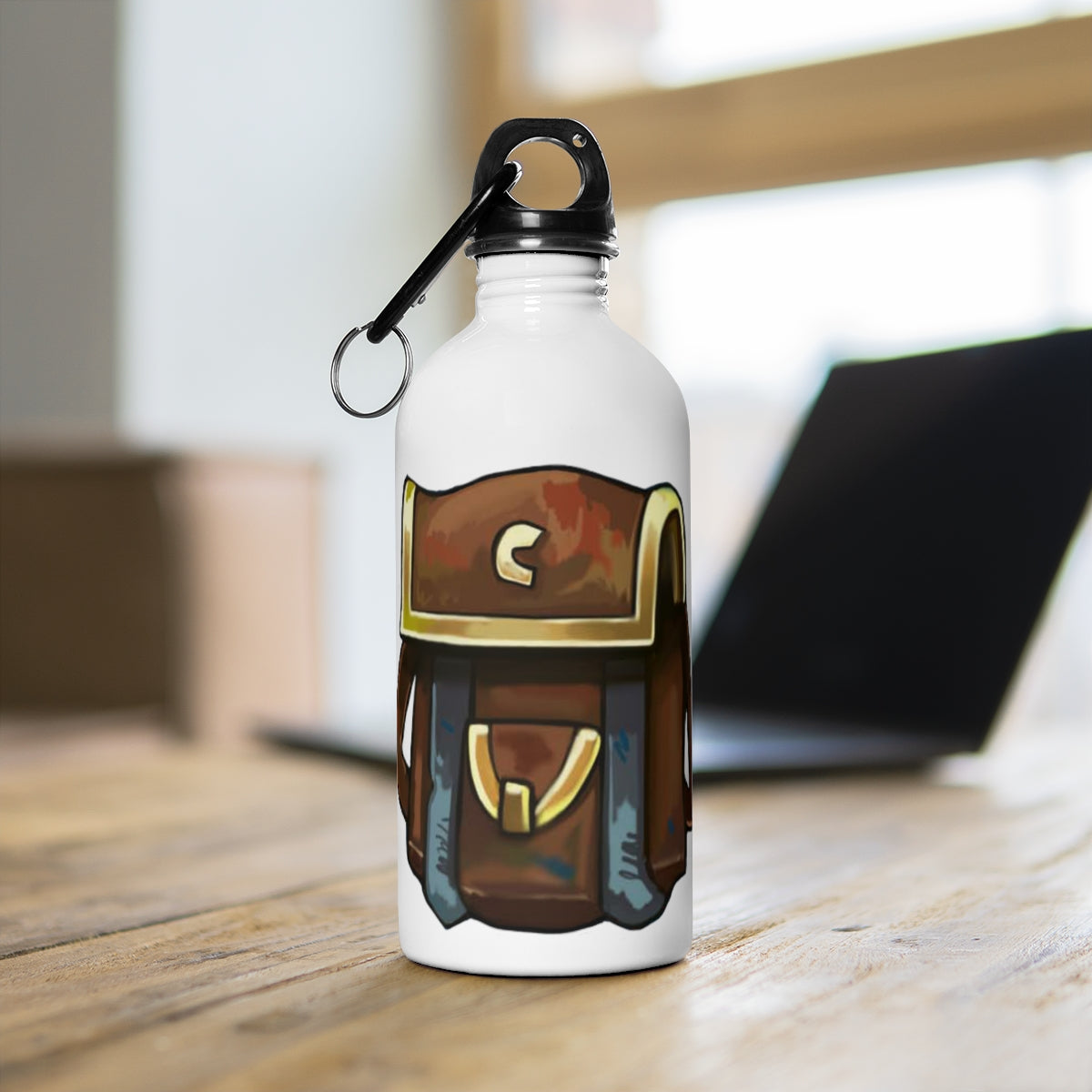 Brown Bag Stainless Steel Water Bottle with a plastic screw top and carabiner, perfect for hydration on the go.