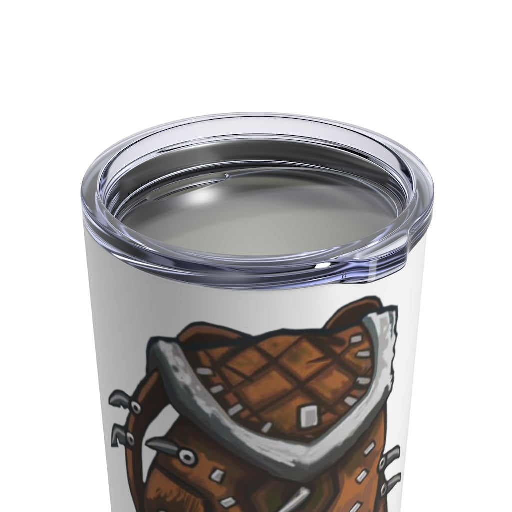 Brown Bag Tumbler 10oz made of stainless steel with a see-thru plastic lid, showcasing its sleek design and rounded corners.