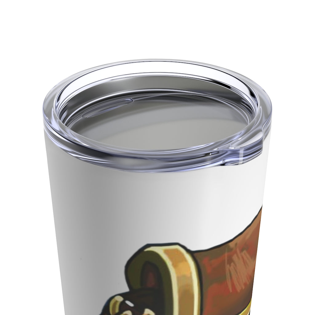 Brown Bag Tumbler 20oz made of stainless steel with a see-thru plastic lid, showcasing a sleek design.