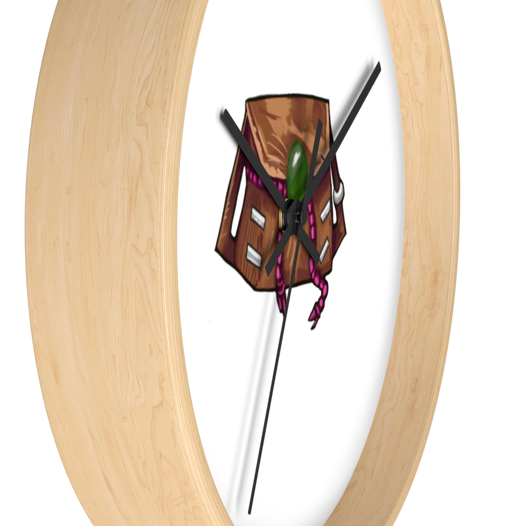 Brown Bag Wall Clock featuring a wooden frame and plexiglass face, designed for indoor use with a silent mechanism.