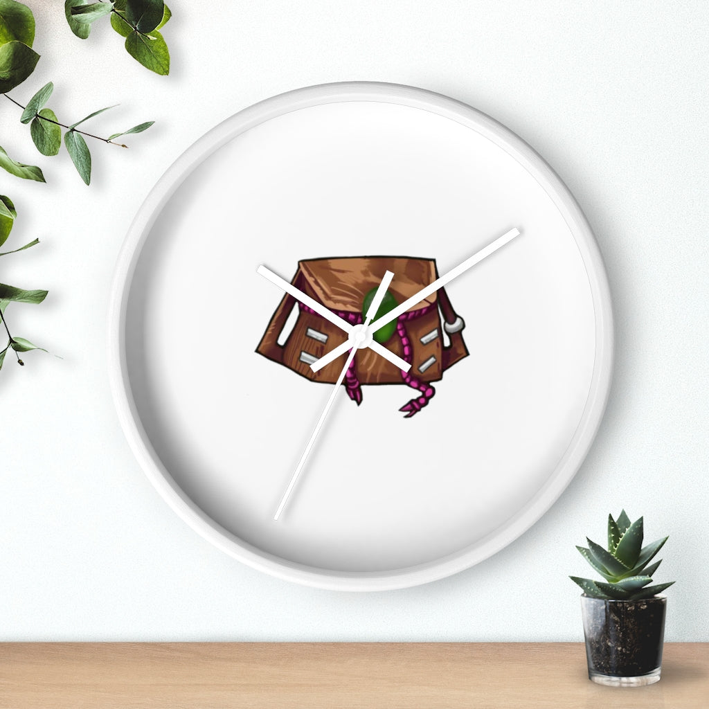 Brown Bag Wall Clock featuring a wooden frame and plexiglass face, designed for indoor use with a silent mechanism.