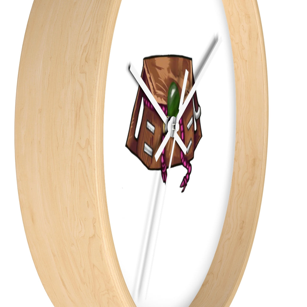 Brown Bag Wall Clock featuring a wooden frame and plexiglass face, designed for indoor use with a silent mechanism.