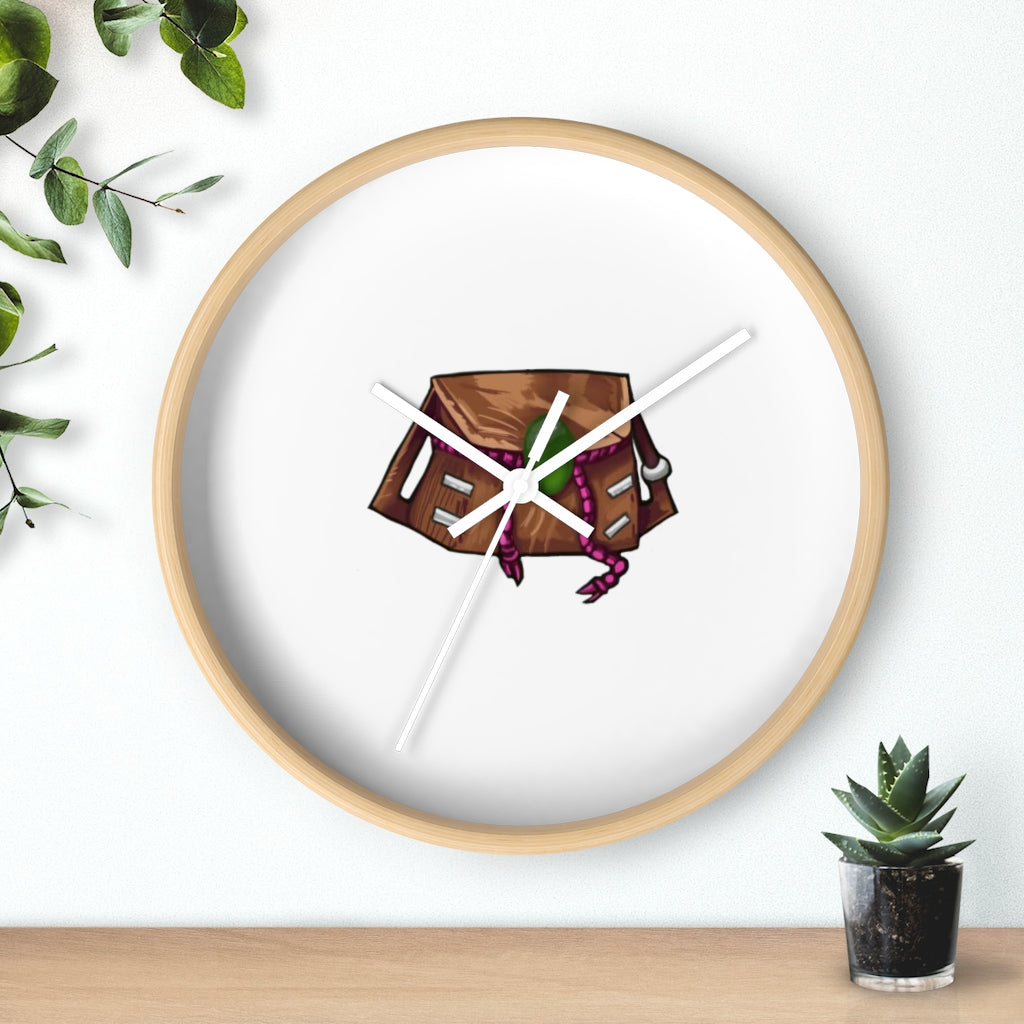 Brown Bag Wall Clock featuring a wooden frame and plexiglass face, designed for indoor use with a silent mechanism.