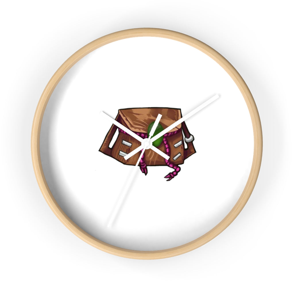 Brown Bag Wall Clock featuring a wooden frame and plexiglass face, designed for indoor use with a silent mechanism.