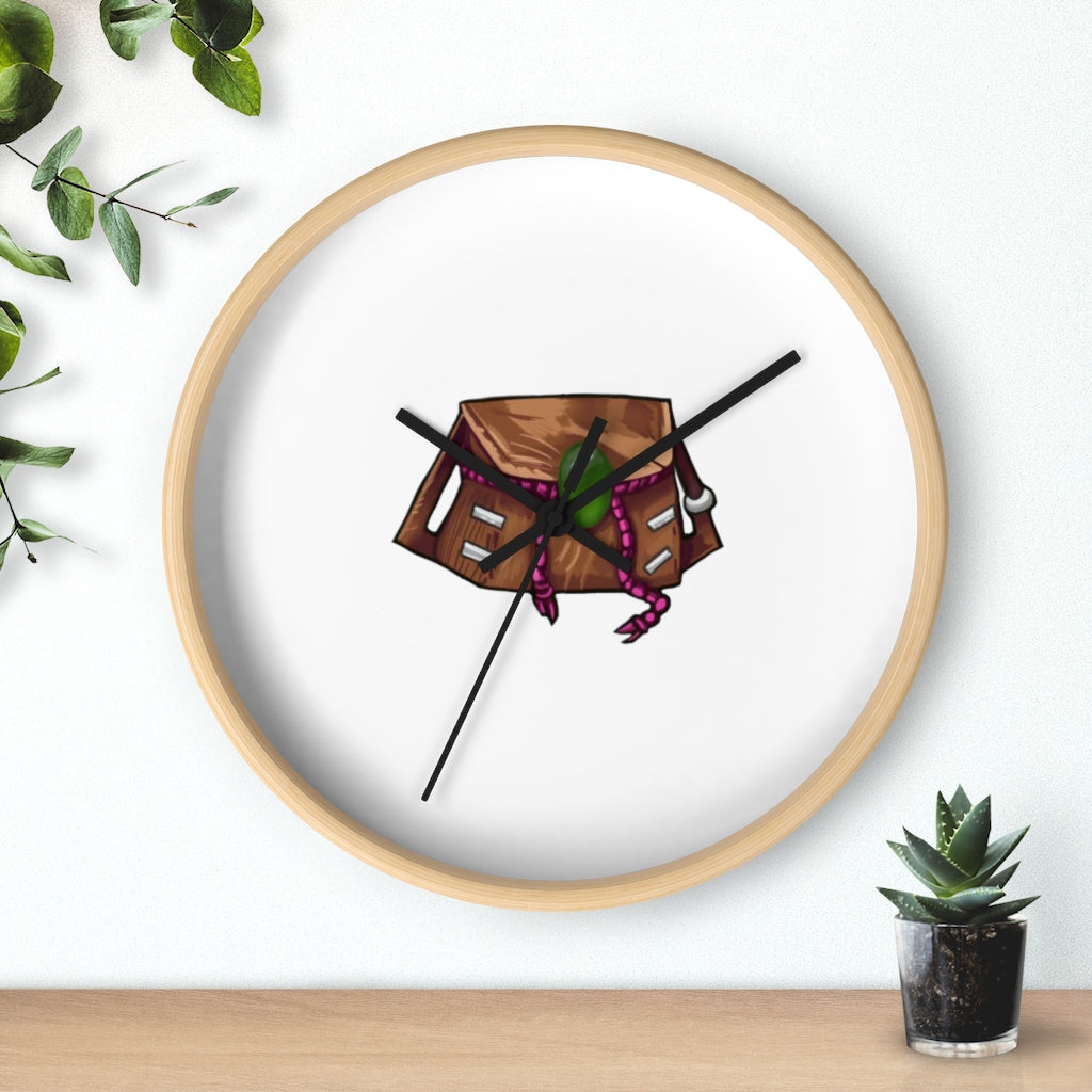 Brown Bag Wall Clock featuring a wooden frame and plexiglass face, designed for indoor use with a silent mechanism.