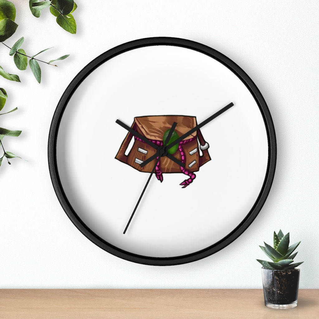 Brown Bag Wall Clock featuring a wooden frame and plexiglass face, designed for indoor use with a silent mechanism.