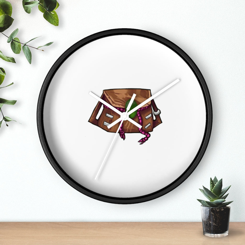 Brown Bag Wall Clock featuring a wooden frame and plexiglass face, designed for indoor use with a silent mechanism.