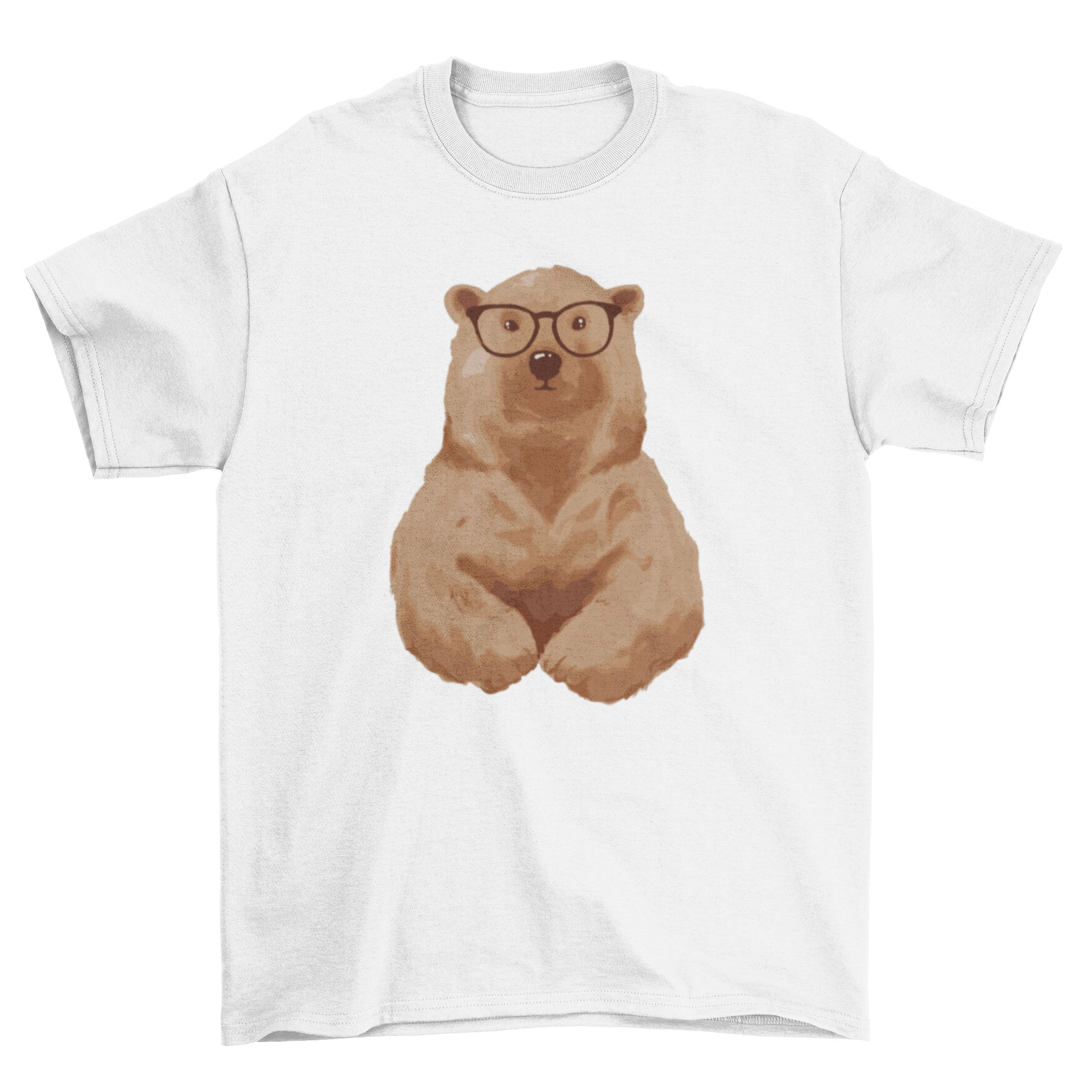 A stylish brown bear wearing glasses on a t-shirt, showcasing a fun and unique design.