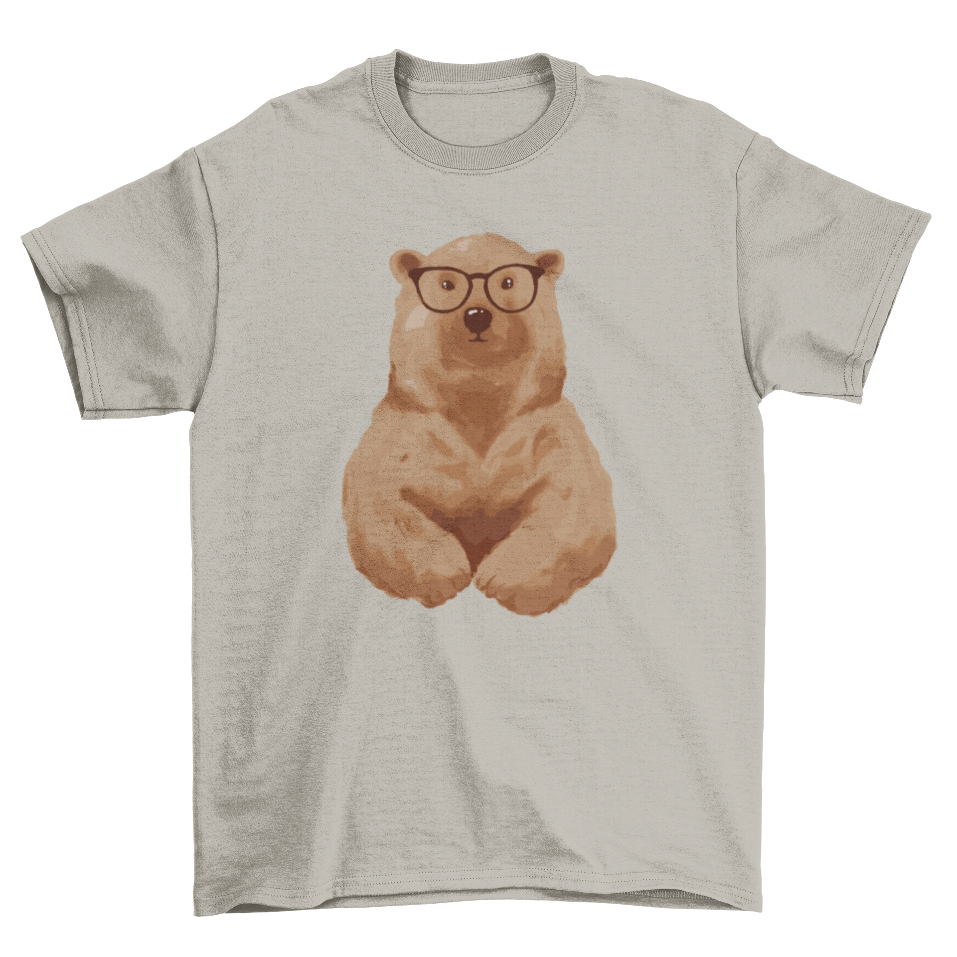 A stylish brown bear wearing glasses on a t-shirt, showcasing a fun and unique design.