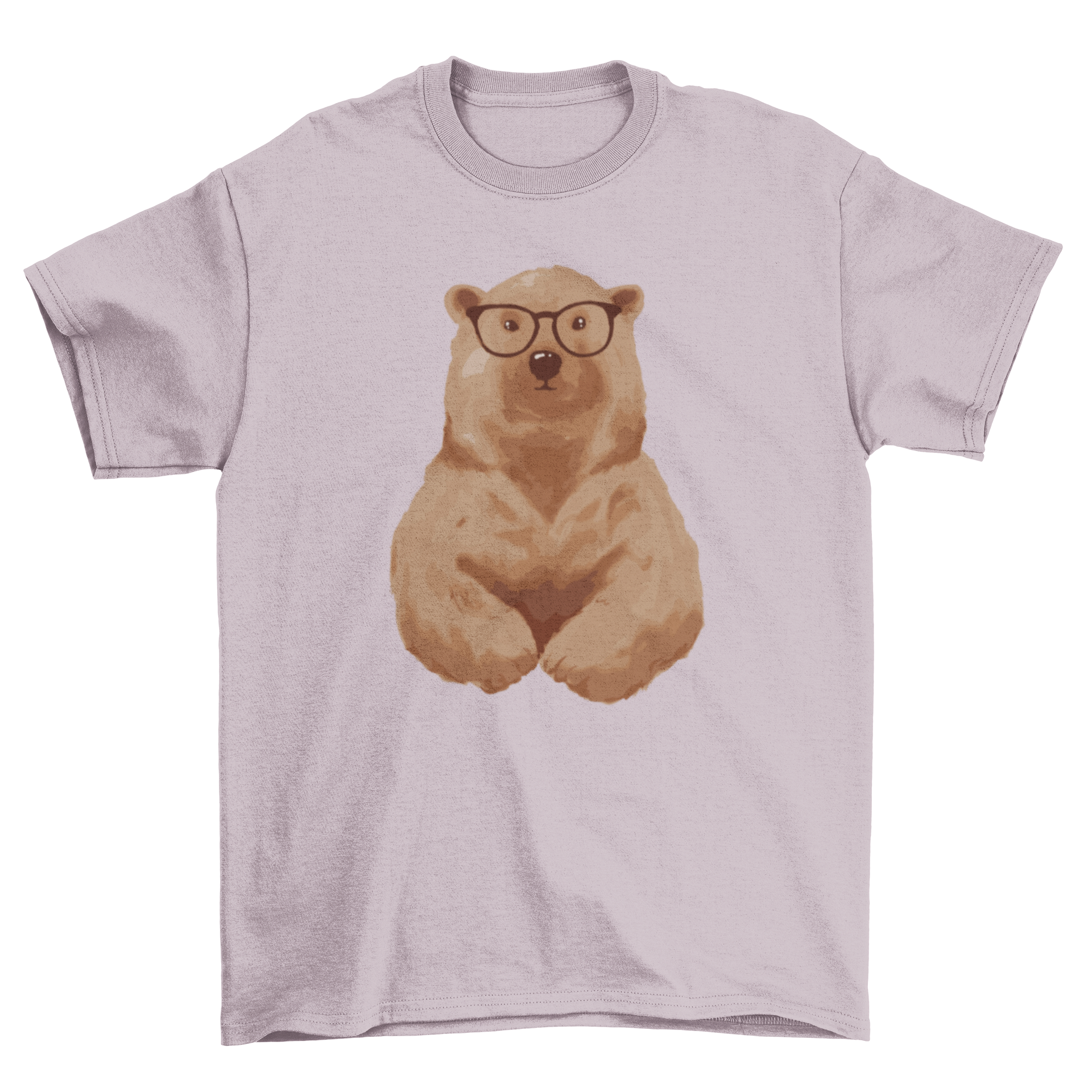 A stylish brown bear wearing glasses on a t-shirt, showcasing a fun and unique design.