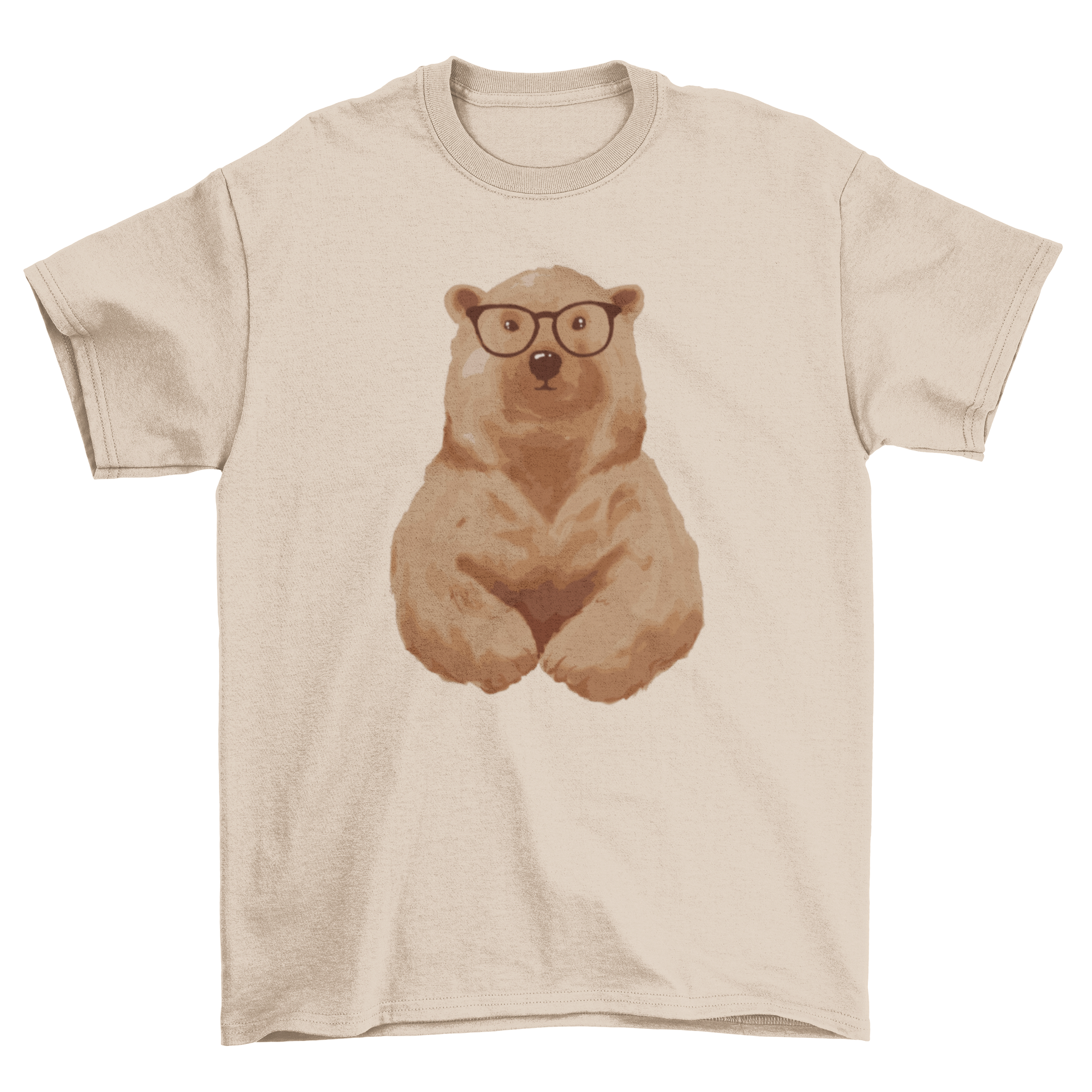 A stylish brown bear wearing glasses on a t-shirt, showcasing a fun and unique design.