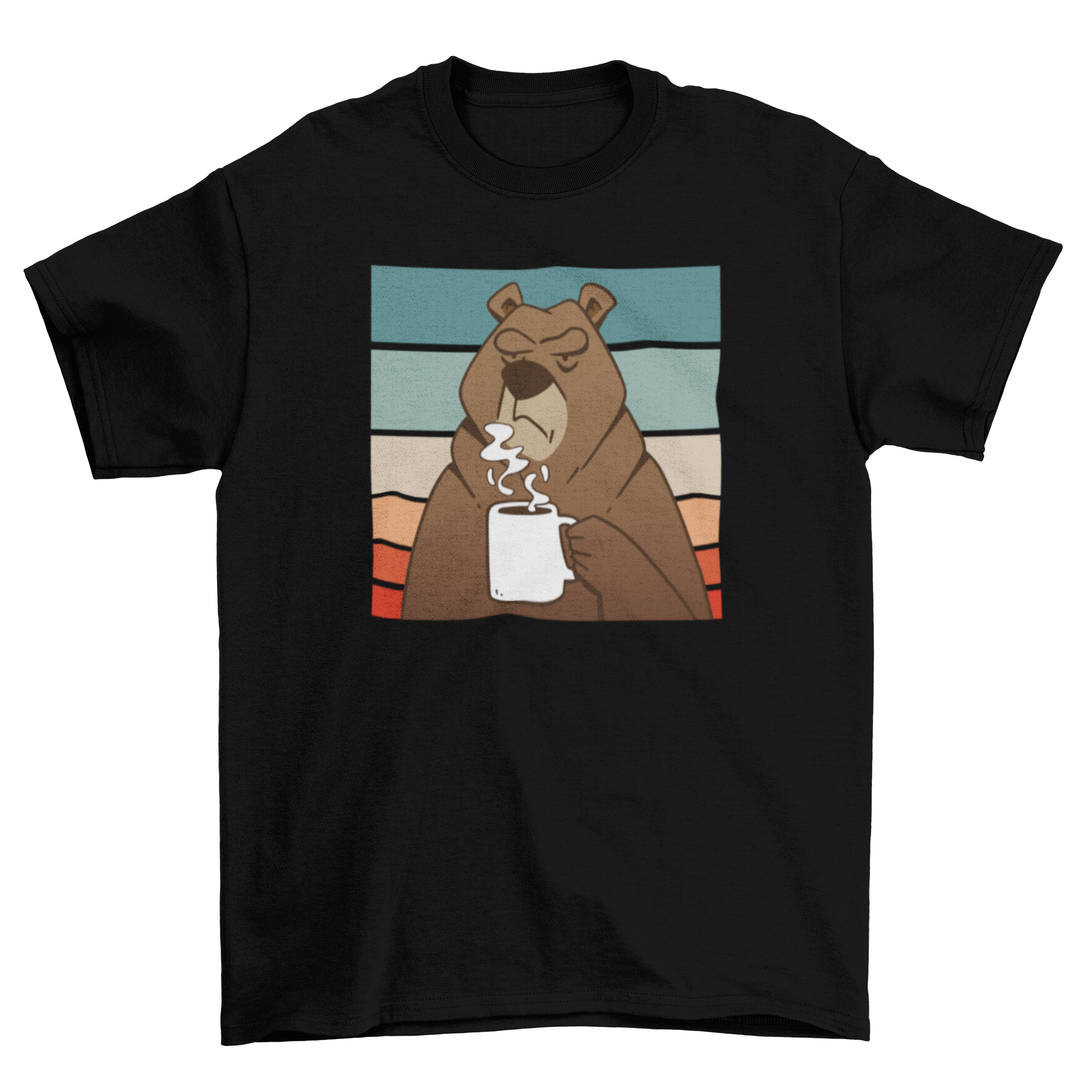 A stylish brown t-shirt featuring a graphic of a brown bear holding a coffee cup against a retro sunset background.