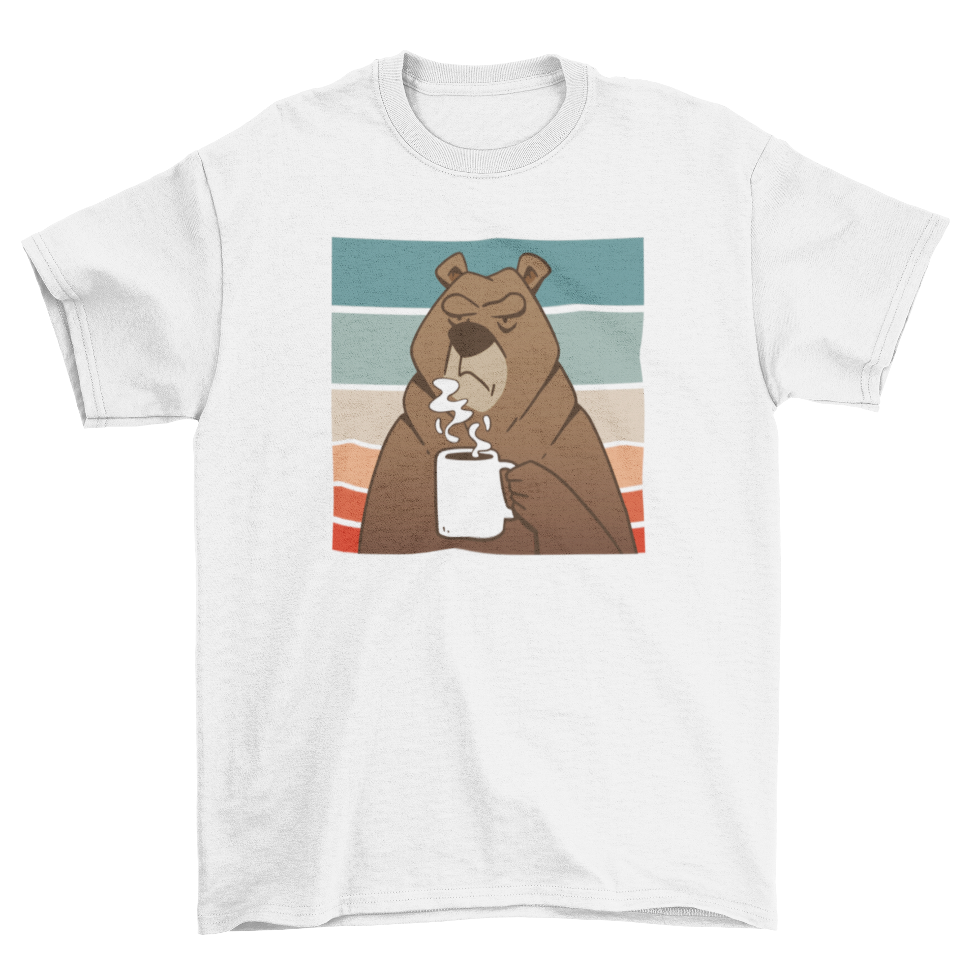 A stylish brown t-shirt featuring a graphic of a brown bear holding a coffee cup against a retro sunset background.