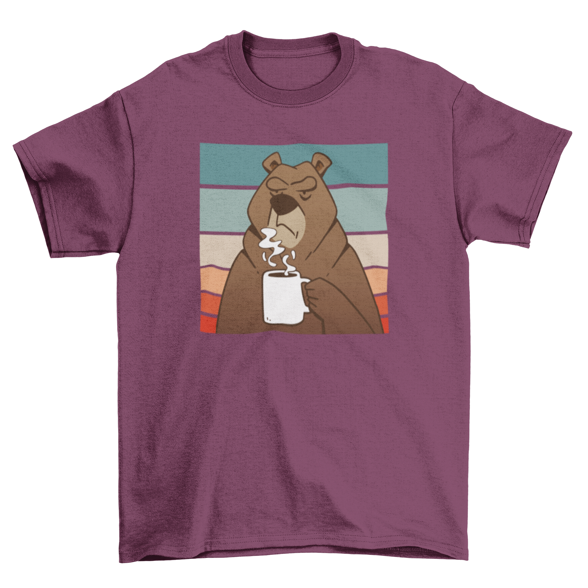 A stylish brown t-shirt featuring a graphic of a brown bear holding a coffee cup against a retro sunset background.