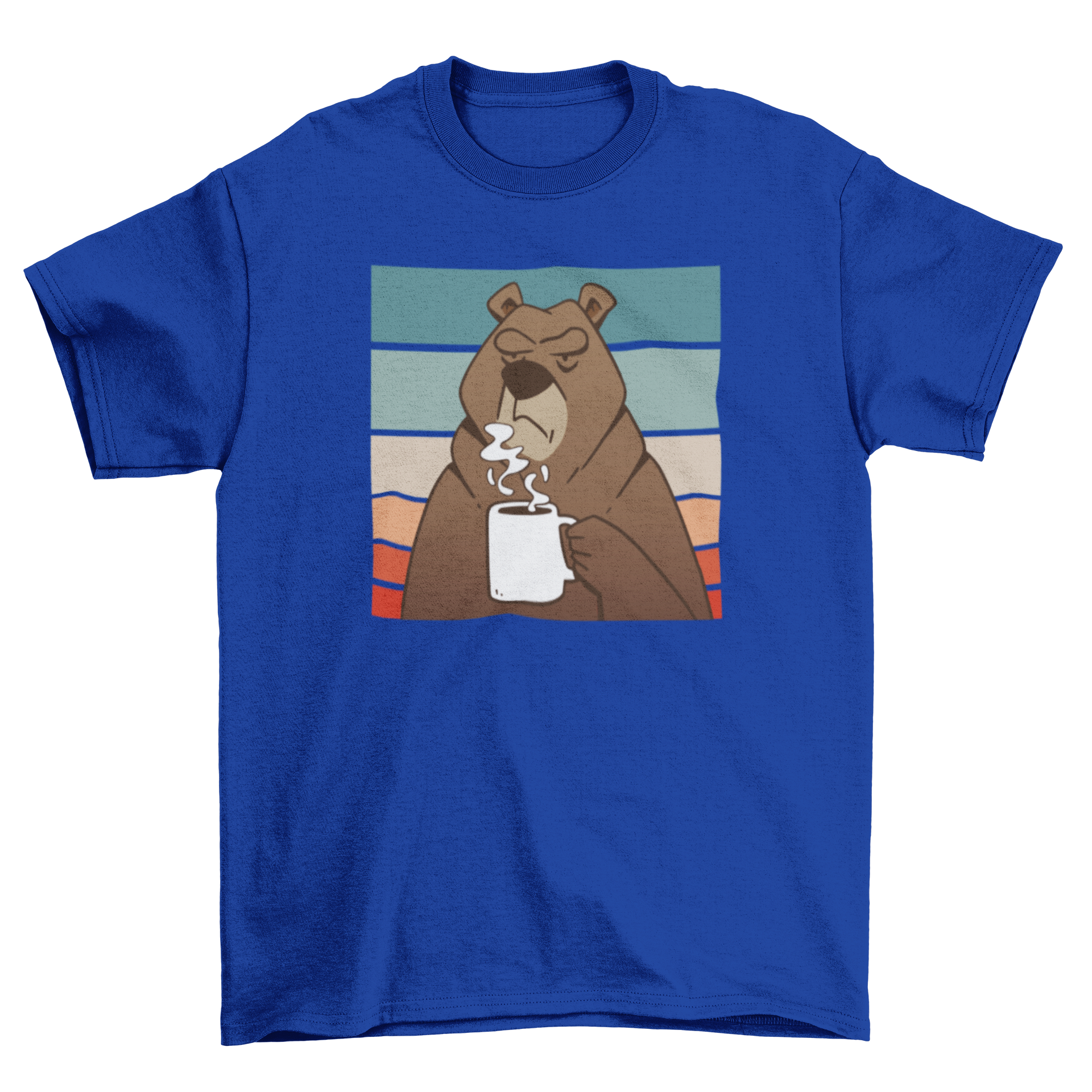 A stylish brown t-shirt featuring a graphic of a brown bear holding a coffee cup against a retro sunset background.