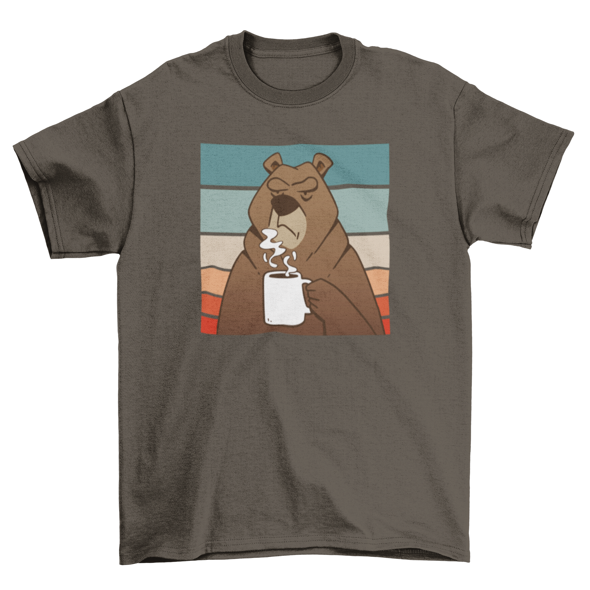 A stylish brown t-shirt featuring a graphic of a brown bear holding a coffee cup against a retro sunset background.