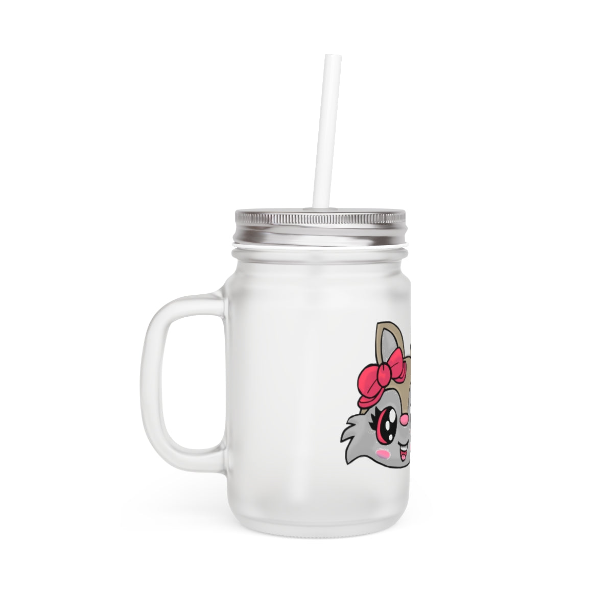 A stylish Brown Cat Mason Jar made of frosted glass, featuring a lid and straw, perfect for personalized beverages.