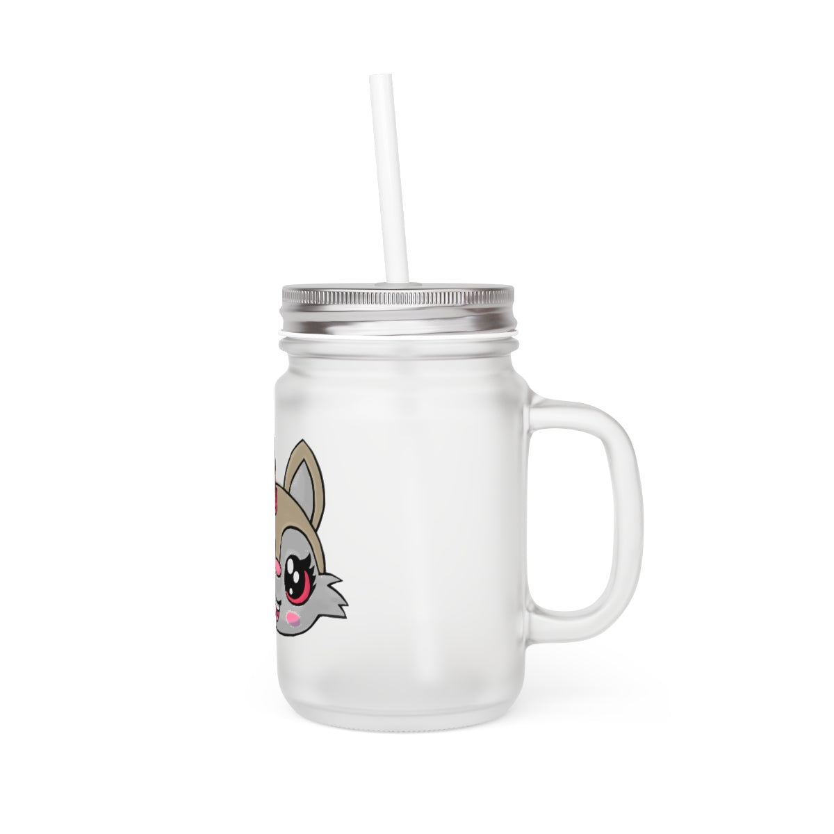 A stylish Brown Cat Mason Jar made of frosted glass, featuring a lid and straw, perfect for personalized beverages.