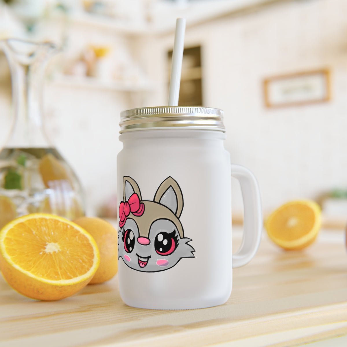 A stylish Brown Cat Mason Jar made of frosted glass, featuring a lid and straw, perfect for personalized beverages.