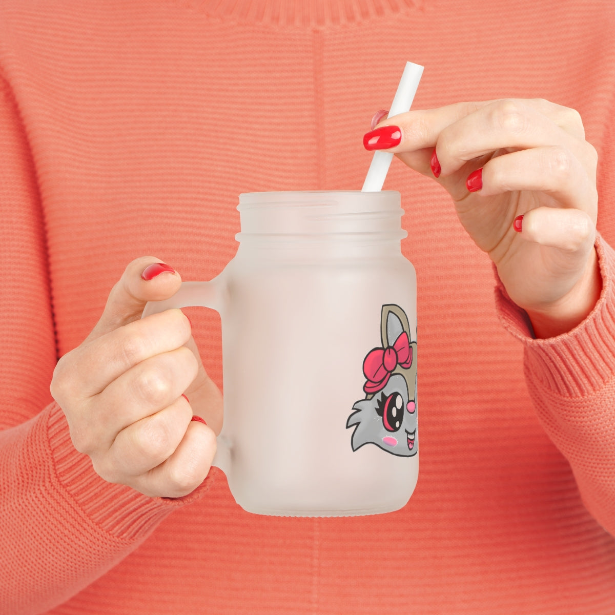 A stylish Brown Cat Mason Jar made of frosted glass, featuring a lid and straw, perfect for personalized beverages.