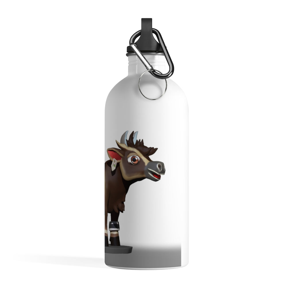 Brown Cow Skin Stainless Steel Water Bottle with a plastic screw top and carabiner, showcasing a stylish cow print design.